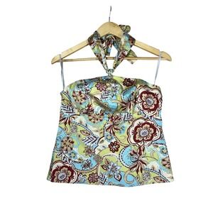 Ann Taylor LOFT Womens 8 Halter Top Paisley Floral Cotton Tie Neck Tropical Boho